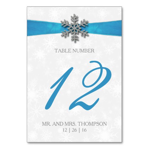 Diamante Snowflake  Blue Ribbon Winter Wedding Table Number