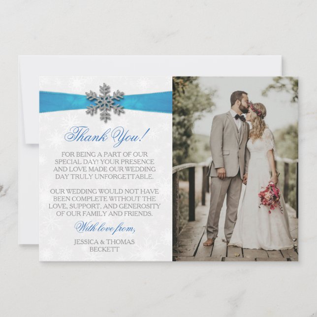Diamante Snowflake & Blue Ribbon Winter Wedding Thank You Card (Front)