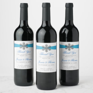 Diamante Snowflake & Blue Ribbon Winter Wedding Wine Label