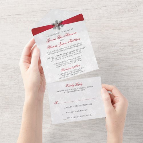 Diamante Snowflake  Red Ribbon Winter Wedding All In One Invitation