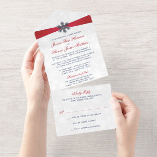 Diamante Snowflake & Red Ribbon Winter Wedding All In One Invitation