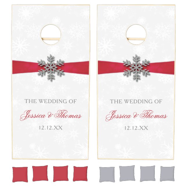 Diamante Snowflake & Red Ribbon Winter Wedding Cornhole Set (Set)