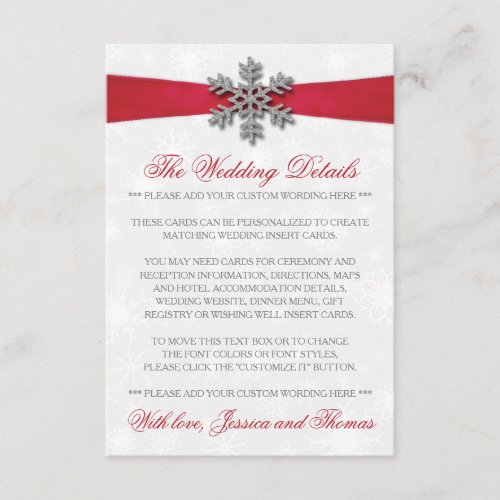 Diamante Snowflake  Red Ribbon Winter Wedding Enclosure Card