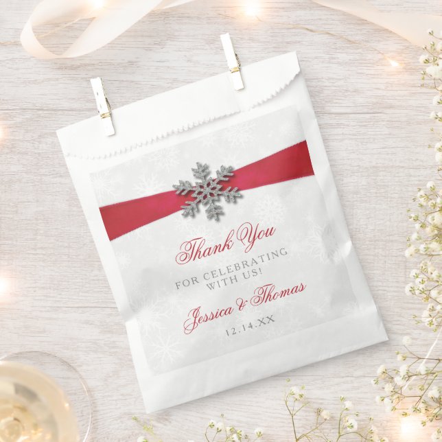 Diamante Snowflake & Red Ribbon Winter Wedding Favor Bag (Clipped)