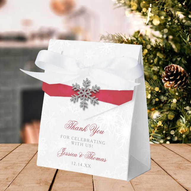 Diamante Snowflake & Red Ribbon Winter Wedding Favor Boxes (Creator Uploaded)