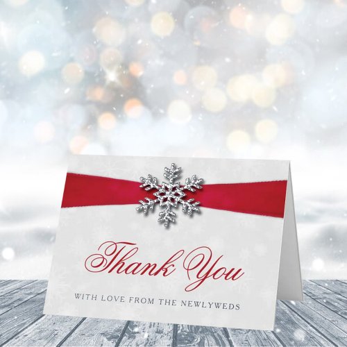 Diamante Snowflake  Red Ribbon Winter Wedding Foil Greeting Card
