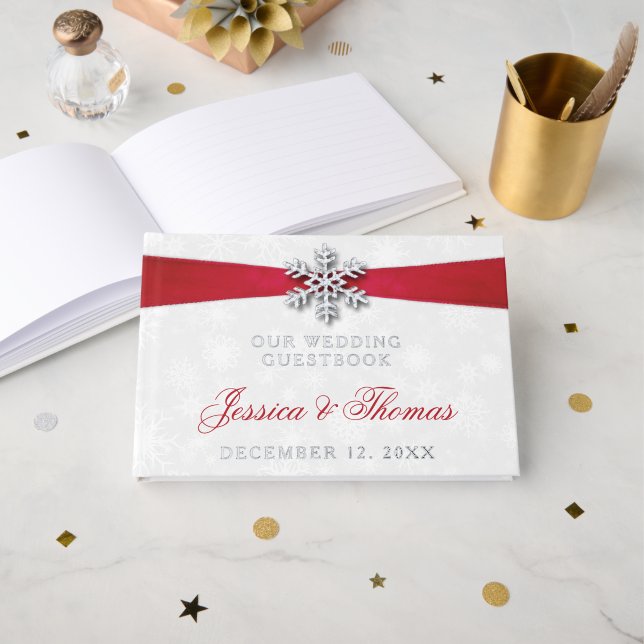 Diamante Snowflake & Red Ribbon Winter Wedding Foil Guest Book (Front Open)