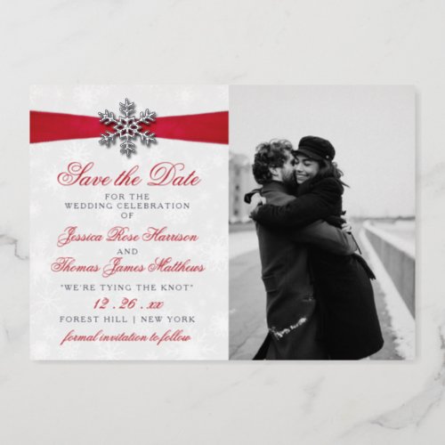 Diamante Snowflake  Red Ribbon Winter Wedding Foil Invitation