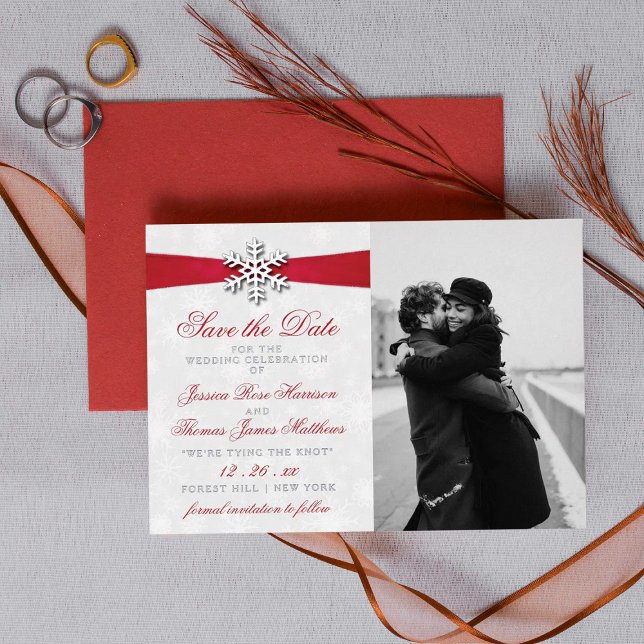Diamante Snowflake & Red Ribbon Winter Wedding Foil Invitation (Creator Uploaded)
