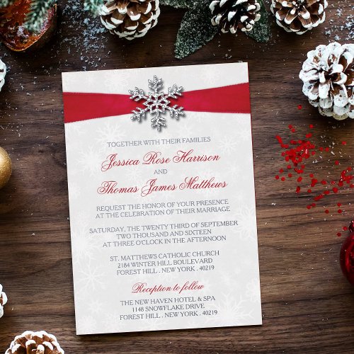 Diamante Snowflake  Red Ribbon Winter Wedding Foil Invitation