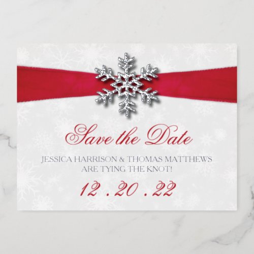 Diamante Snowflake  Red Ribbon Winter Wedding Foil Invitation Postcard