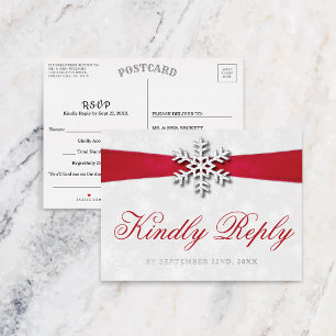 Diamante Snowflake & Red Ribbon Winter Wedding Foil Invitation Postcard