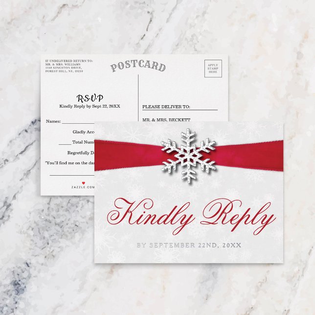 Diamante Snowflake & Red Ribbon Winter Wedding Foil Invitation Postcard (Creator Uploaded)
