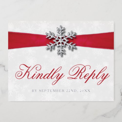 Diamante Snowflake  Red Ribbon Winter Wedding Foil Invitation Postcard