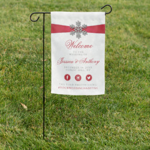 Diamante Snowflake & Red Ribbon Winter Wedding Garden Flag