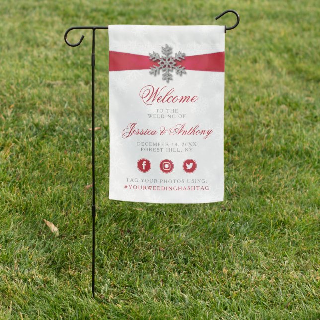 Diamante Snowflake & Red Ribbon Winter Wedding Garden Flag (In SItu)