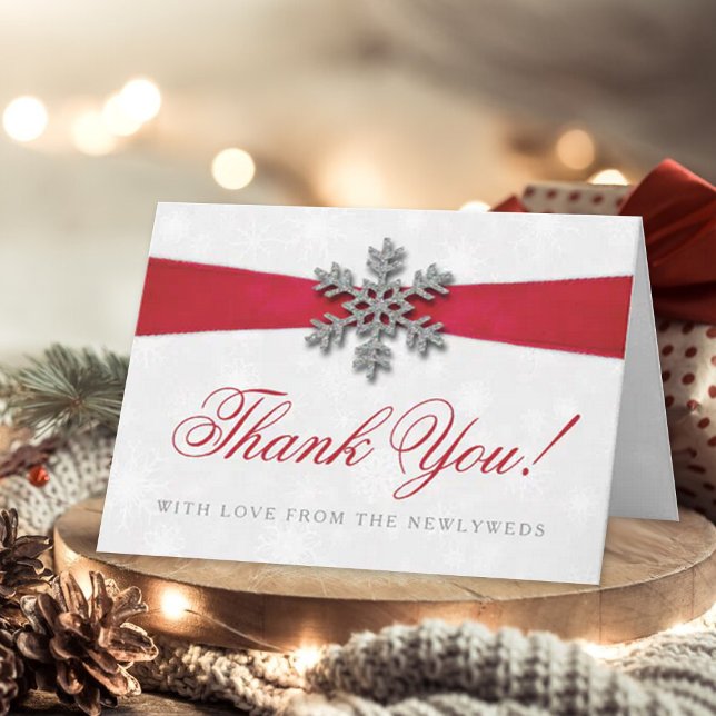 Diamante Snowflake & Red Ribbon Winter Wedding Holiday Card (Creator Uploaded)