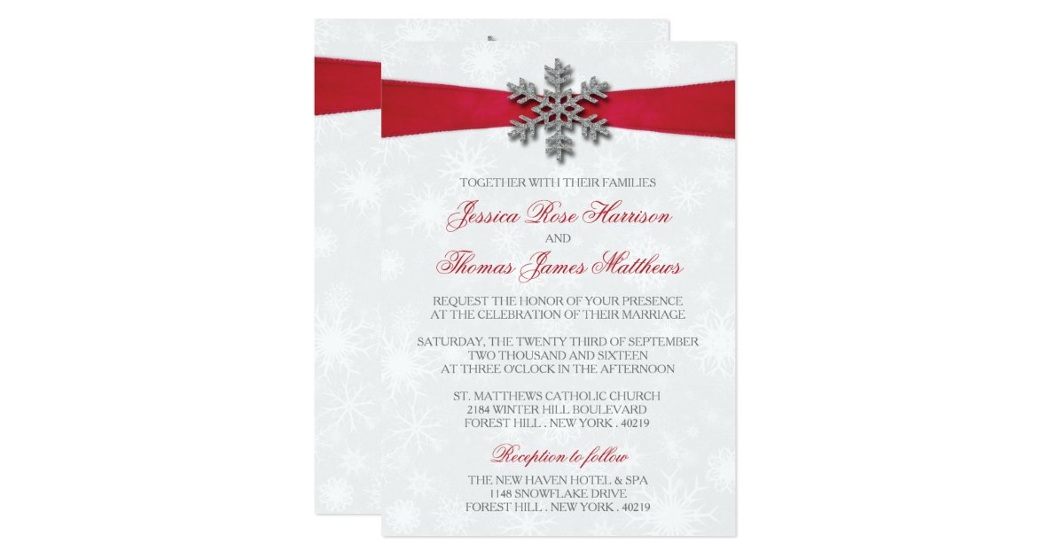 Diamante Snowflake Red Ribbon Winter Wedding Invitation