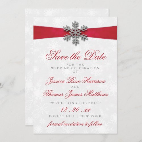 Diamante Snowflake  Red Ribbon Winter Wedding Invitation