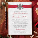 Diamante Snowflake & Red Ribbon Winter Wedding Invitation<br><div class="desc">The diamante snowflake & red ribbon wedding collection is perfect for any couple planning a romantic winter wedding celebration. The design features a light silvery gray and white snowflake textured background with a diamante snowflake on top of a silky looking ribbon. The wording incorporates the same silvery gray and red...</div>