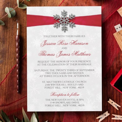 Diamante Snowflake  Red Ribbon Winter Wedding Invitation