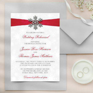 Diamante Snowflake & Red Ribbon Winter Wedding Invitation