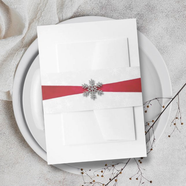 Diamante Snowflake & Red Ribbon Winter Wedding Invitation Belly Band (Creator Uploaded)