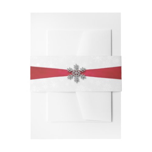 Diamante Snowflake  Red Ribbon Winter Wedding Invitation Belly Band