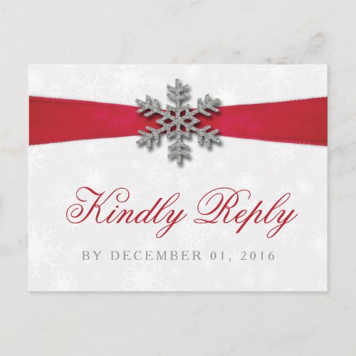 Diamante Snowflake  Red Ribbon Winter Wedding Invitation Postcard