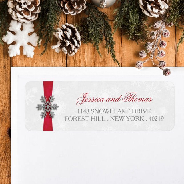 Diamante Snowflake & Red Ribbon Winter Wedding Label (Creator Uploaded)