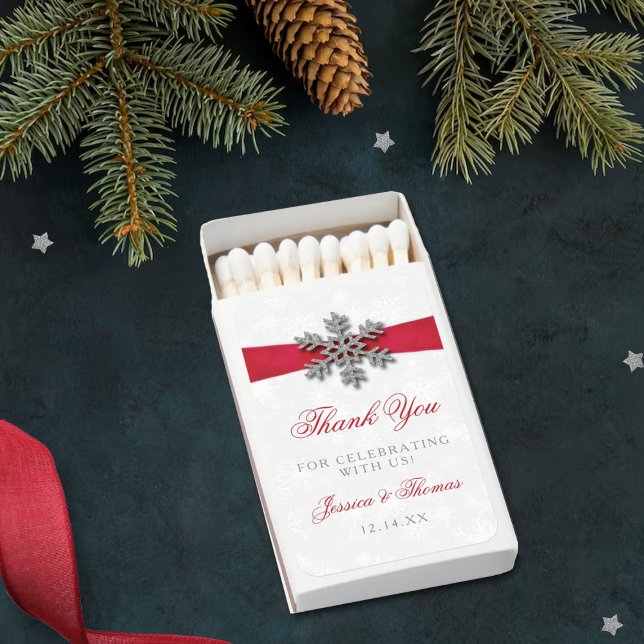 Diamante Snowflake & Red Ribbon Winter Wedding Matchboxes (Creator Uploaded)