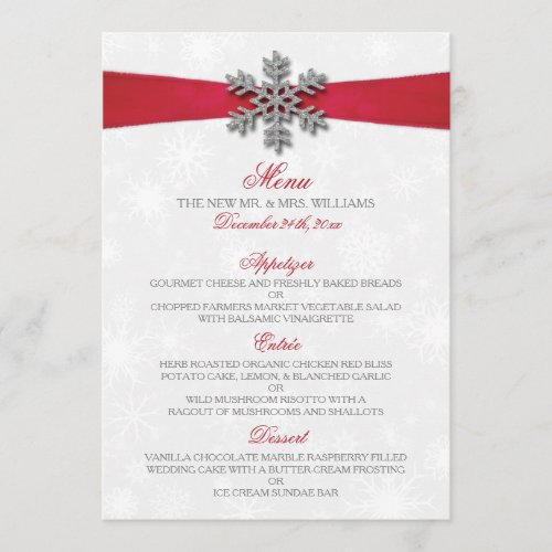 Diamante Snowflake  Red Ribbon Winter Wedding Menu