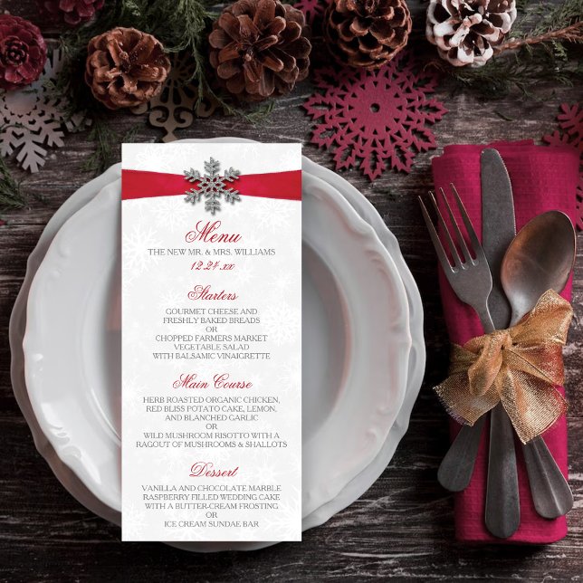 Diamante Snowflake & Red Ribbon Winter Wedding Menu (Creator Uploaded)