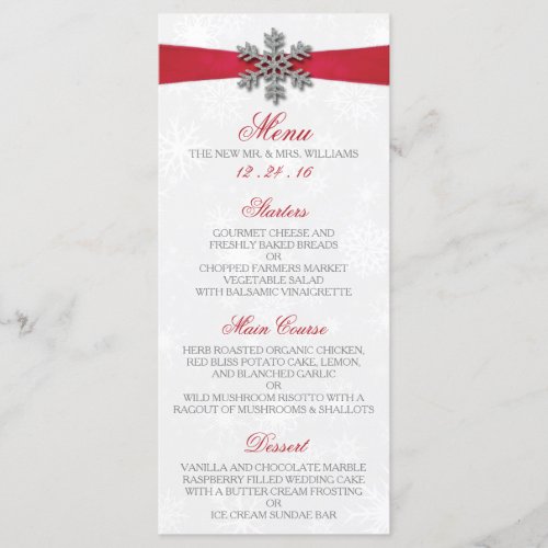 Diamante Snowflake  Red Ribbon Winter Wedding Menu