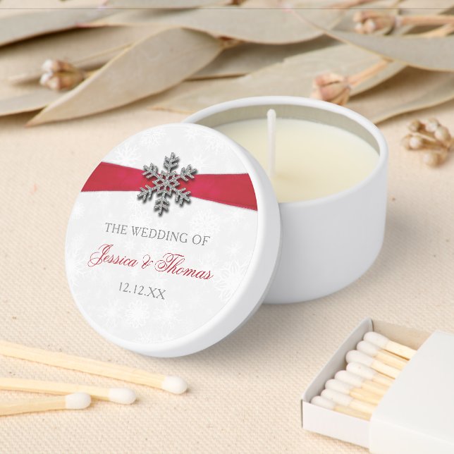 Diamante Snowflake & Red Ribbon Winter Wedding Mini Candle Favors (Insitu)
