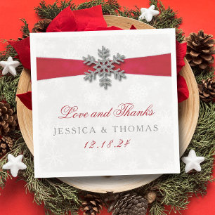 Diamante Snowflake & Red Ribbon Winter Wedding Napkins