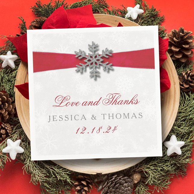 Diamante Snowflake & Red Ribbon Winter Wedding Napkins (Creator Uploaded)