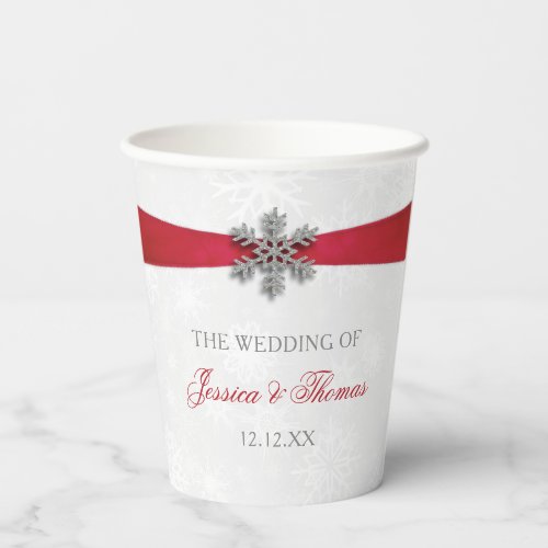 Diamante Snowflake  Red Ribbon Winter Wedding Paper Cups