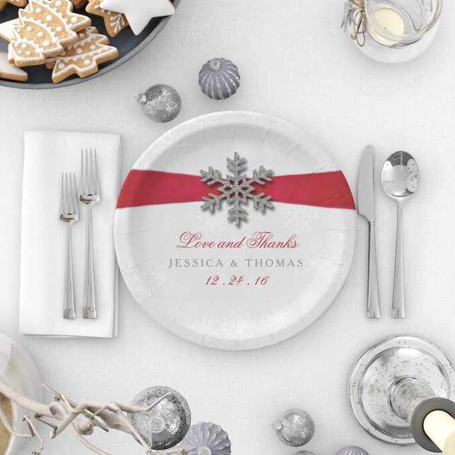 Diamante Snowflake & Red Ribbon Winter Wedding Paper Plates (Creator Uploaded)