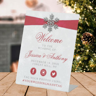 Diamante Snowflake & Red Ribbon Winter Wedding Pedestal Sign