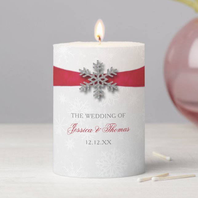Diamante Snowflake & Red Ribbon Winter Wedding Pillar Candle (In Situ)