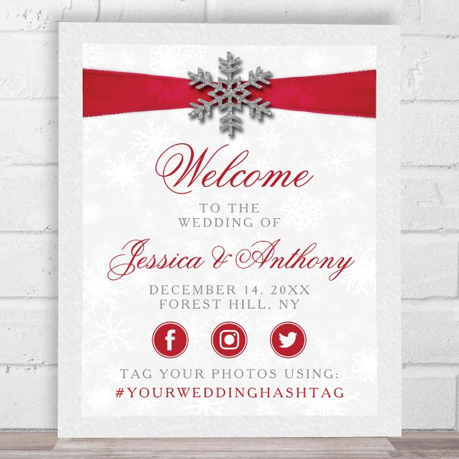 Diamante Snowflake & Red Ribbon Winter Wedding Poster (Creator Uploaded)