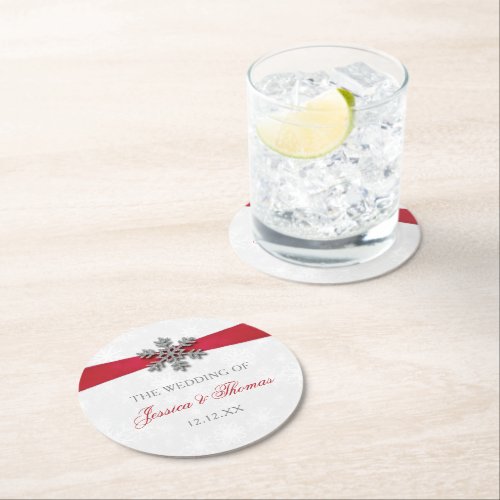 Diamante Snowflake  Red Ribbon Winter Wedding Round Paper Coaster