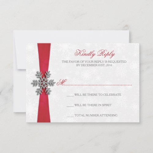 Diamante Snowflake  Red Ribbon Winter Wedding RSVP Card