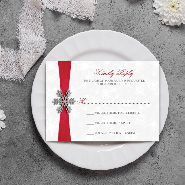 Diamante Snowflake & Red Ribbon Winter Wedding RSVP Card (Creator Uploaded)