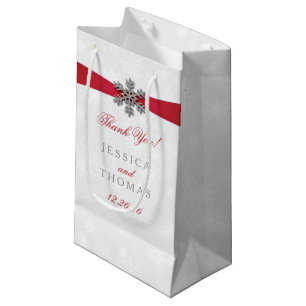 Diamante Snowflake & Red Ribbon Winter Wedding Small Gift Bag