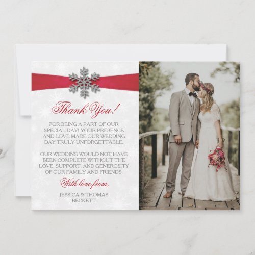 Diamante Snowflake  Red Ribbon Winter Wedding Thank You Card