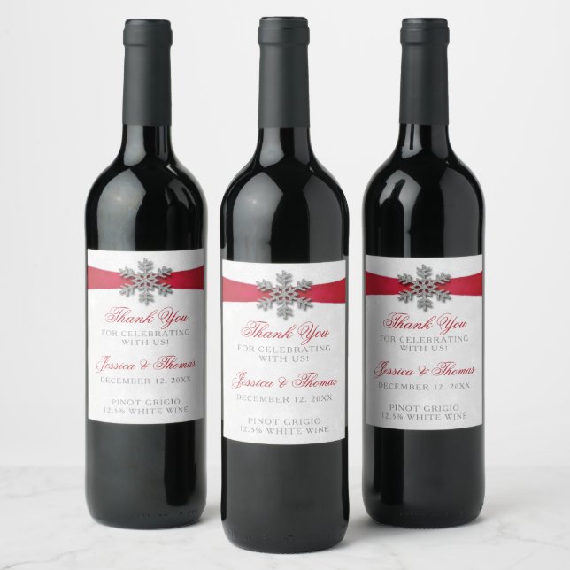 Diamante Snowflake & Red Ribbon Winter Wedding Wine Label (Bottles)