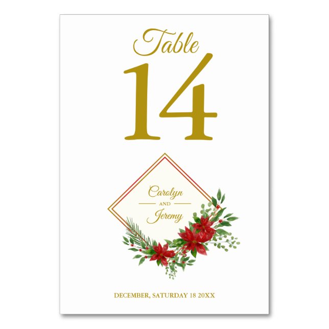 Diamod & Poinsettias Christmas Inspired Wedding Table Number (Back)