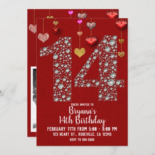 Diamond 14 Valentines 14th Birthday Party Photo Invitation
